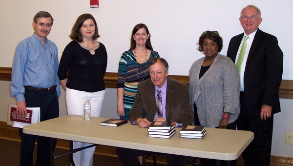 Dr. Frye Gaillard, the author of more than 20 books, including his recently published non-fiction work The Books That Mattered spoke at LBW Community College on Thursday as part of the LBWCC Greenville Campus Lecture Series. Gaillard is a native of Mobile and the writer in residence at the University of South Alabama. Pictured with Gaillard, seated, are, from left to right, Dr. Steve Hubbard, Mollie Waters, Christy Hutcheson, Diaon Cook and Dr. Jim Krudop. (Submitted Photo)