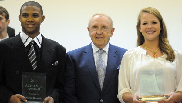Georgiana School’s Devin Bonner and Fort Dale Academy’s Anne Matthews were named the 2013 Achiever Award winners at a banquet Thursday night at First Baptist Church. Bonner and Matthews are pictured with Dr. John Ed Mathison. (Advocate Staff/Andy Brown)