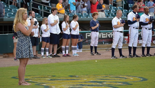Fort Dale Academy junior Cailyn Thompson performs the National Anthem prior to the Montgomery Biscuits’ game with the Jackson Generals on May 25. (Courtesy Photo)