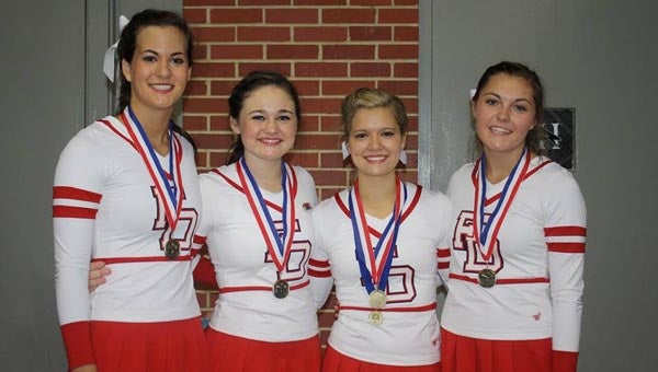 The Fort Dale Academy cheerleading squad attended UCA cheer camp at Huntingdon College. Nedra Toulmin Crosby, Haley Williams, Hannah Johnson and Laura Sellers Perdue were named AISA all-stars. Johnson was also named a UCA All-American. (Submitted Photo)