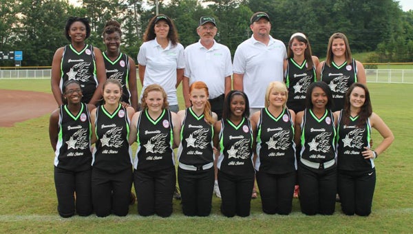 The Greenville Dixie Debs All-Stars will compete in the state tournament in Underwood beginning Saturday. Pictured are, front row from left to right, Tankevia Durant, Alicia (AJ) Sanford, Ashley Ballard, Kristin Lassiter,Daisha Durant,Daphne Moore,Kayla Shufford and Clara King. Back row, from left to right, Daizia Womack, Kenyetta Petterson, coach Stacey Meyers,coach Robert Lassiter, coach Chris Moore, Taylor Merry and Colby Vinson. (Courtesy Photo)