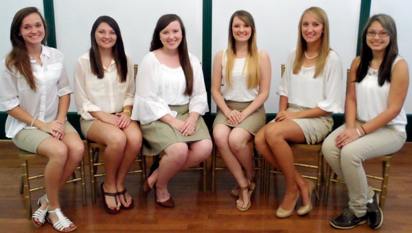 Six young women will compete Aug. 24 for the title of Butler County’s Distinguished Young Woman. Contestants include, from left to right, Morgan Burkett, Georgiana School; Hope Riddle, McKenzie School; Erica McNaughton, Fort Dale Academy; Sierra Teate, Fort Dale Academy; Sarah Elizabeth Godwin, Fort Dale Academy; and Victoria Salvador,  Georgiana School. (Courtesy Photo)