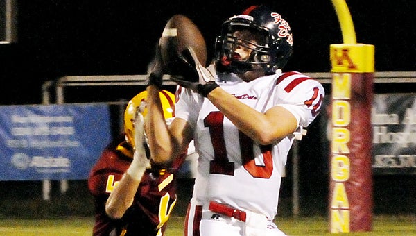Fort Dale Academy senior James Burkett hauls in a pass during the Eagles’ 45-30 win over Morgan Academy Friday night in Selma. (Photo Courtesy of The Selma Times-Journal)