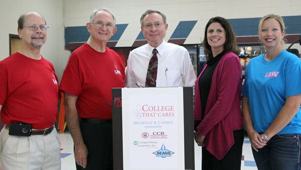 LBW Community College employees recently celebrated a successful “College that Cares” internal fundraising campaign for student scholarships through donations to both supporting foundations. The celebration breakfast and t-shirts for all participants were sponsored by CCB Community Bank, Covington Electric Cooperative, and Southeast Alabama Gas District. Pictured are, from left, LBWCC President Dr. Herb Riedel and Vice-President Dr. Jim Krudop; MacArthur Foundation Board Member Alan Thrash; and LBWCC Foundation Board Members Shannon Jackson and Jennifer Curry. (Submitted Photo)