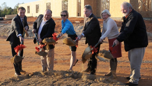 Officials with Country Place Senior Living and CP Homes held a groundbreaking ceremony Thursday for a assisted living facility that will be located on Fort Dale Road in Greenville. Pictured are, from left to right, David Saliba, pastor of First United Methodist Church in Greenville; Bryan Reynolds, city councilman; Jill Lentini, CP Homes director of operations; Jack West, founder of Country Place Senior Living; Francine Wasden, executive director of the Greenville Area Chamber of Commerce; and David Hutchison, executive director of the Butler County Commission for Economic Development. (Advocate Staff/Andy Brown)