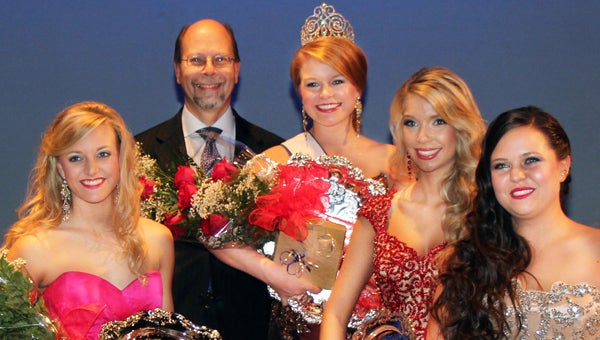 LBW Community College President Dr. Herb Riedel is pictured with Sydney D. Rogers of Highland Home, crowned Ms. LBWCC 2014 and talent winner; first runner-up Kristy Sport of Higland Home; second runner-up Victoria Veasey of Straughn; and Calla J. Hintz of Victorville, Calif., named Miss Congeniality and interview winner. (Submitted Photo)   