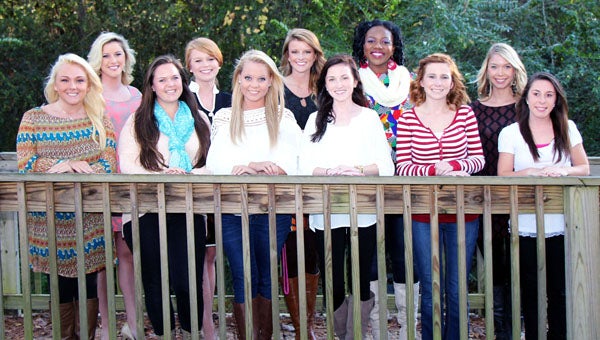LBW Community College will soon have a new reigning Miss LBWCC when 12 students vie for the title at 7 p.m. on Nov. 21, 2013, in the Dixon Theater for the Performing Arts on the Andalusia campus. Contestants include, from left, Virginia L. Jackson of Luverne; Hanna Stewart, Greenville; Calla J. (C.J.) Hintz, Calif.; Sydney D. Rogers, Highland Home; Karly Mathews and Jamsley Payton Mitchell, both of Andalusia; Amy E. Lewis, Greenville; Bridgetta Hines, Opp;  Erica B. Kelley and  Victoria Veasey, both of Andalusia; Toni E. Flock, Florala; and (not pictured) Kristy Sport, Highland Home. (Submitted Photo)