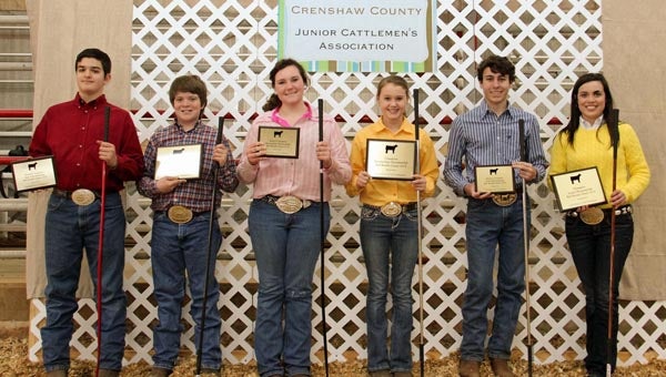 The Belt Buckle Classic, hosted by the Crenshaw County Junior Cattlemen’s Association, was held in Luverne on Jan. 25. Stewart Harbin of Georgia served as judge.  Thirty-seven youth from throughout Alabama and north Florida registered 58 animals for the show.  Six youth were awarded top showmanship honors in three divisions. Pictured, from left to right, are Dustin Woodham from Jackson County, Fla., (Reserve Junior), Wilton Pittman from Jackson County, Fla. (Champion Junior), Cameron Catrett from Crenshaw County (Reserve Intermediate), Abby Holloway from Mobile County (Champion Intermediate), Clay Tew from Dale County (Reserve Senior) and Mary Katherine Pittman from Jackson County, Fla. (Champion Senior). (Courtesy Photo)