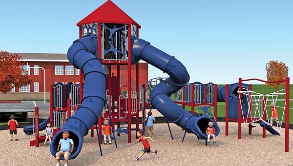 Fort Dale Academy board members have approved a complete remodeling of the school’s playground facility, which is scheduled for completion next fall. Pictured is a rendering of the proposed playground. The actual colors of the playground equipment will vary from the rendering. (Courtesy Image)