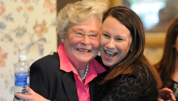 Rep. Martha Roby, right, greet Lt. Gov. Kay Ivey during a GOP rally hosted at Bates House of Turkey on Thursday night. (Advocate Staff/Andy Brown)