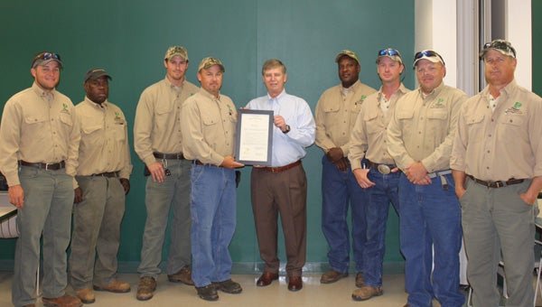 Pioneer Electric Cooperative and Alabama Power participated in  Alabama Lineman Appreciation Day on Monday by joining representatives from Alabama’s 22 electric cooperatives and the state’s municipally owned electric utilities at the Capitol building in Montgomery. Pictured are Pioneer Electric linemen Kevin Brogden, Kenny Boyge, Ty Varner, Roger Thrower, Johny Taylor, Heath Peavy, Jay Reeves and Johnny Anthony and Executive Vice President and General Manager Terry Moseley. 