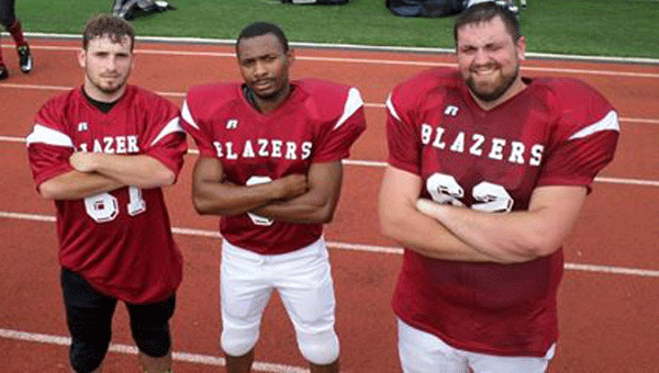 Left to right:  Jacon Varner of Red Level, along with Brantley alumni Chris Booker and Dillion Motes,  were selected as members of the Amateur to Professional Developmental Football League ( APDFL) Blazers.