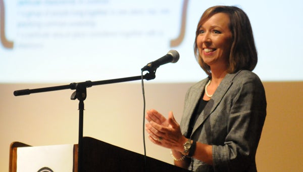 Butler County Schools Superintendent Amy Bryan addresses the district's teachers and staff during Monday's system-wide institute. (Advocate Staff/Andy Brown)