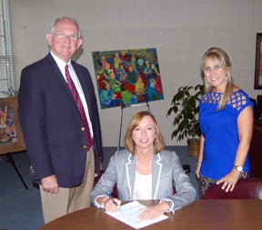 Officials with the Butler County School System and LBW Community College signed an agreement on Tuesday to continue the organizations’ dual enrollment partnership. Pictured are, from left to right, Dr. Jim Krudop, vice president of LBWCC, Butler County Schools Superintendent Amy Bryan, and Dr. Tera Simmons, Butler County Schools administrative assistant for student learning. (Advocate Staff/Morgan Burkett)