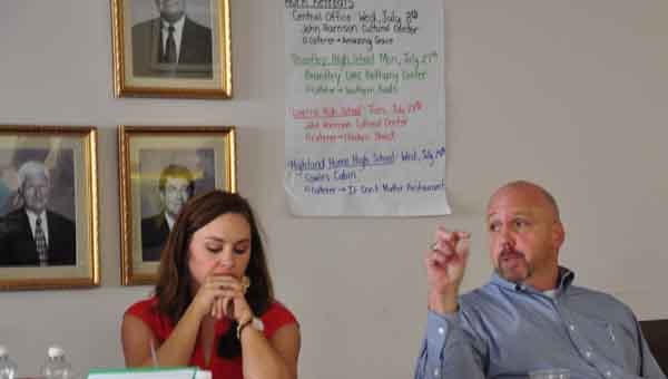 JOURNAL PHOTO | CHELSEA EYTEL Superintendent Boyd English (right) discusses district’s goals and plans with staff during Wednesday’s retreat. Also pictured, Brittany Smith, assistant principal at Brantley School.