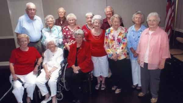 CONTRIBUTED PHOTO Luverne High School’s 1947 grads who attended this year’s reunion included (seated, left to right) Kathryn Davis Evans, Adine Horn Mosely, Edna Ruth Norsworthy, (second row) Voncile Richburg Nichols, Florence Stephenson Jeffcoat, Margaret Jeffcoat Nichols, Mildred Baggett Thomas, Mildred Walker Martin, Mattie Pearl McVay Sport, (third row) Ed Bagents, George Franklin, Louise Turner Morgan and Charles Sport.