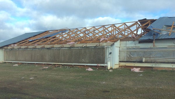 After the extreme Monday night weather experienced by citizens of Crenshaw County, structures such as this chicken house on Jones Bridge Road must now start the restoration process. 