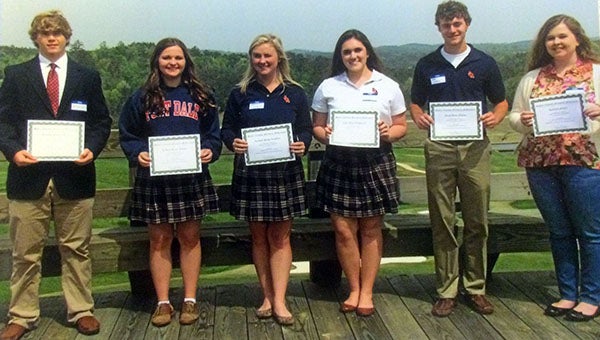 The Butler County Farmers Federation awarded six scholarships to county students on April 6. Pictured, from left to right, are Winston Sims, Greenville High School; Lindsey Gibson, Fort Dale Academy; Kendall Lambert, Fort Dale Academy; Chey-Anne Kilpatrick, Fort Dale Academy; Jake Gillem, Fort Dale Academy; and Katelyn Fuller, Georgiana School. (Submitted photo)