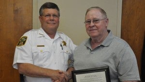 After 13 years of service as the chief deputy of the Crenshaw County Sheriff’s Office, Jimmy Lecroy will enjoy the life of a retiree.  Pictured are Sheriff Mickey Powell (left) and Jimmy Lecroy (right). (Photo by Beth Hyatt) 