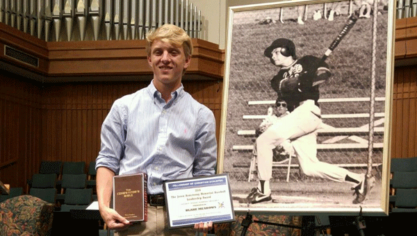Luverne junior baseball player Blake Meadows was recently awarded the Jason Armstrong Baseball Leadership Award at the Fellowship of Christian Athletes banquet in Montgomery on Tuesday, April 26.