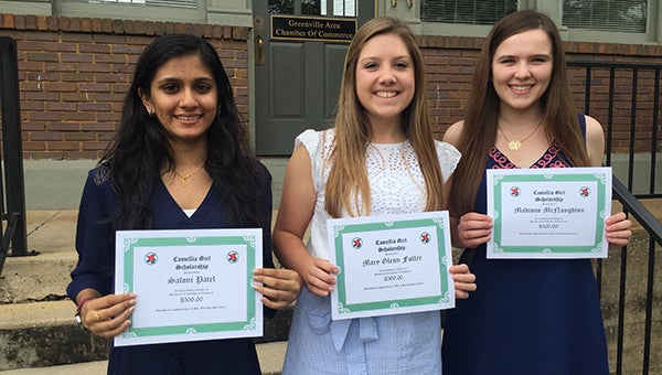 From left to right, Greenville High School senior Saloni Patel, McKenzie High School senior Mary Glenn Fuller, and Fort Dale Academy senior Madison McNaughton each received a $500 scholarship.  