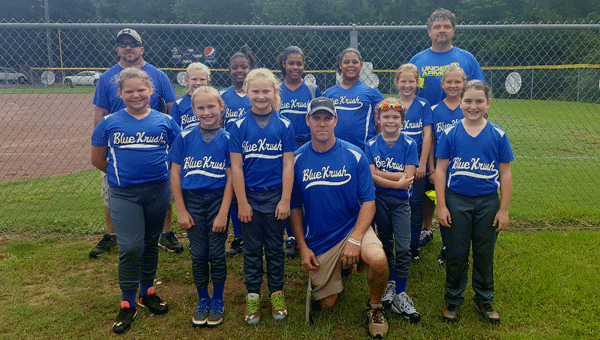 The multi-county Blue Krush fastpitch travel softball league has blossomed from its humble beginnings as a 10-and-under team to five teams across four different age groups in the span of two years. Pictured, back row from left to right, is coach Chris Weaver, Brinkley Long, Zyan Peterson, Trinity Forte, Destiny Forte, Mary Hayden West, Anna Gray and coach Judson West.  Pictured, front from left to right, is Madison Means, Cheyenne Hopper, Kayden Weaver, coach Brent Lambert, Bailey Lambert and Kelsey Cooper.