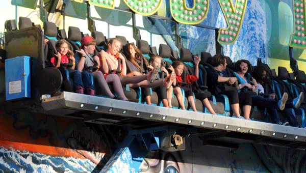 An excited bunch settle in for the excitement of their lives on the Moby Dick attraction during a previous Butler County Fair.