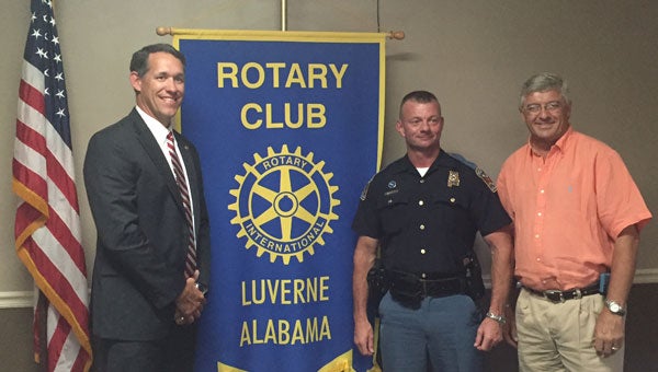 Recently,  Alabama State Trooper Kevin Cook served as the guest speaker for the Luverne Rotary Club.  While there, Cook explained to the group his thoughts on staying safe while driving. Pictured are, from left to right, William Tate, Kevin Cook and Danny Rolling, Rotary Club president. (Photo by Beth Hyatt) 