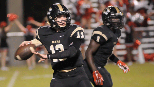 Greenville quarterback Brandon Simmons (left) looks downfield while Dedric Owens provides pass protection.