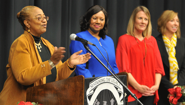 From left to right: Guest speakers Linda Hamilton, Lois Robinson, Ann Steiner Gregory and Amy Bryan spoke to junior and senior girls of Greenville High School on the importance of positiivty, professionalism, financial responsibility and education respectively Tuesday morning at GHS’s auditorium.
