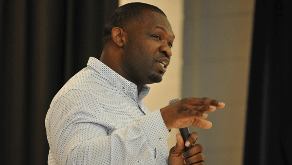 JL Fit/Elite Sports Academy co-owner Jeremiah Burnett spoke to an audience of students during Greenville Middle School’s Black History Month program Friday morning in the school’s cafeteria. 
