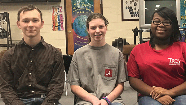 Last weekend, students from Highland Home School’s marching band traveled to Troy University in Troy to participate in the South Eastern United States (SEUS) Honor Band, and also traveled to the University of Alabama’s 2017 Honor Band. Pictured are, from left to right, Ben Fuller, Audrey Gilbert and Aaleah Scott. Not pictured, Bailey McVay. Journal Photo/Beth Hyatt
