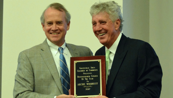 Calvin Poole, left, presented Archie Woodruff with the Distinguished Citizen of the Year award during Thursday’s Chamber of Commerce banquet. (Cecil Folds | Greenville Advocate)
